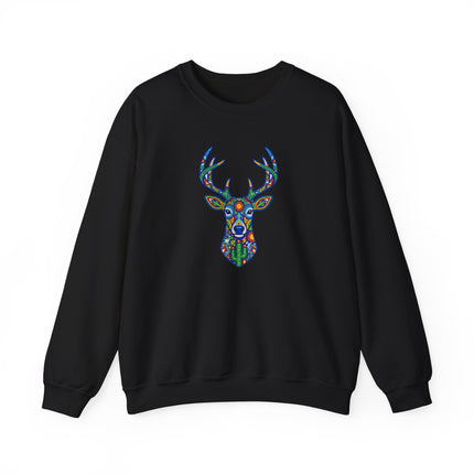 Vibrant Huichol deer symbol sweatshirt featuring Mexican geometric folk art pullover design.