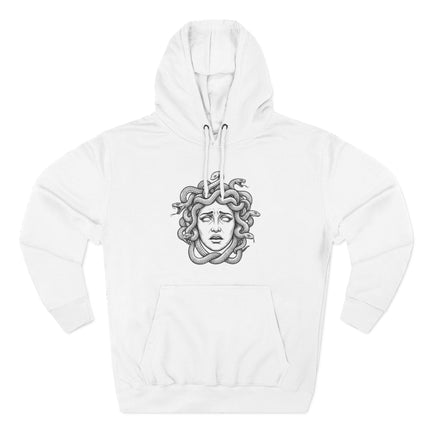 Greek Mythology Medusa Gorgon serpent graphic print on a white pullover hoodie.