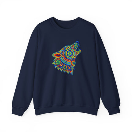 Rainbow wolf howl sweatshirt featuring Huichol tribal art and geometric rainbow patterns.