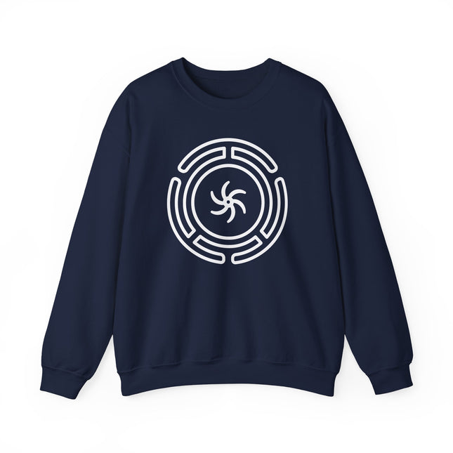 Hekate's Wheel symbol graphic on a navy sweatshirt, representing Greek goddess mythology.