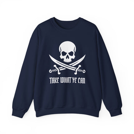 Pirate skull and crossed swords graphic with "Take What Ye Can" text on a dark sweatshirt.