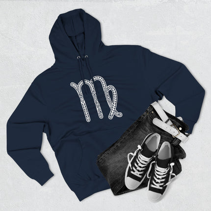 Navy blue hoodie featuring the ornate Celtic knot Virgo zodiac symbol.