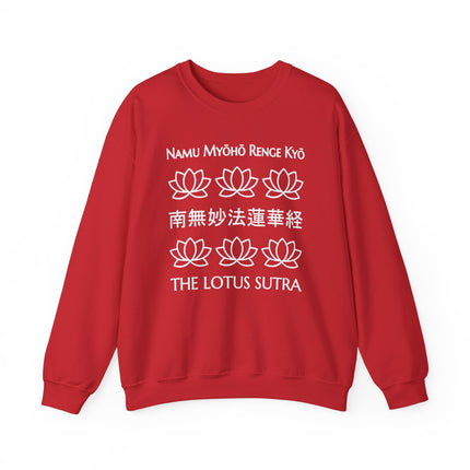 Red sweatshirt graphic featuring Namu Myoho Renge Kyo, lotus flowers, and the Lotus Sutra.