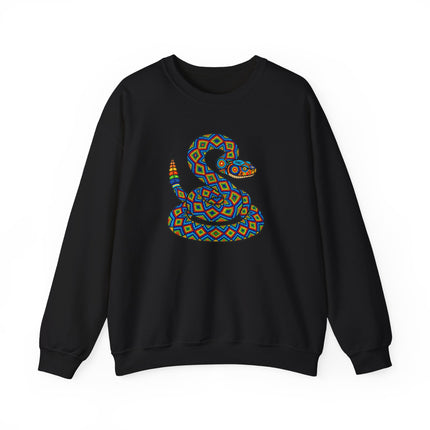 Colorful geometric rattlesnake art on a Huichol style pullover sweatshirt.