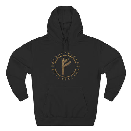 Norse Viking Fehu rune and Elder Futhark circle pullover hoodie.