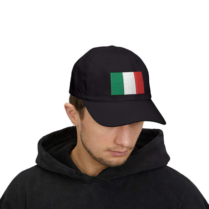 Black baseball cap featuring the embroidered Italian flag (Tricolore) national colors design.