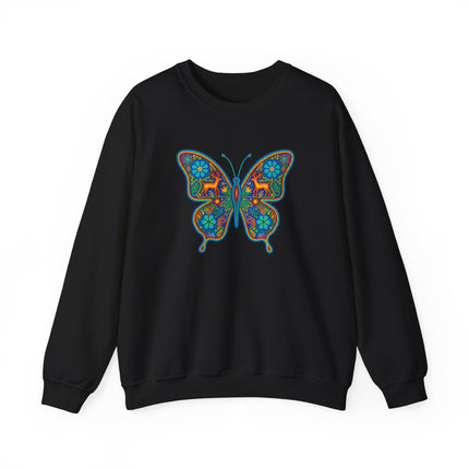 Colorful Huichol butterfly folk art sweatshirt featuring traditional Mexican patterns and vibrant designs.