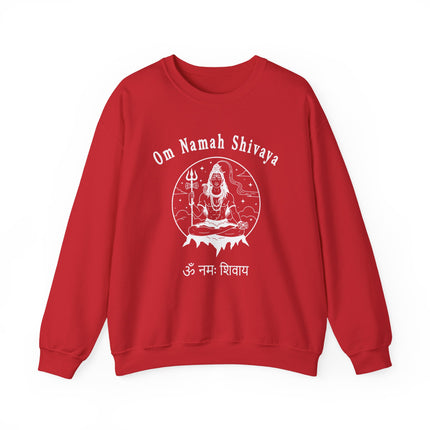 Om Namah Shivaya Lord Shiva meditation graphic on red spiritual sweatshirt.