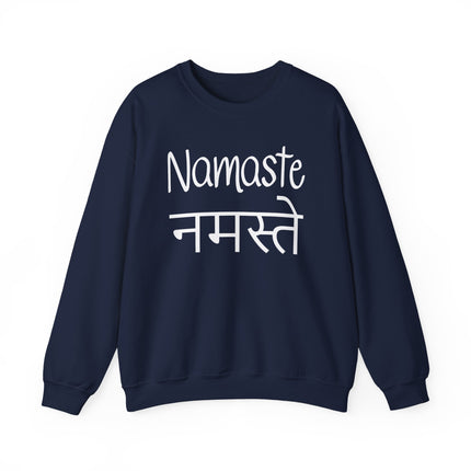 Navy sweatshirt featuring "Namaste" and "नमस्ते" in Devanagari script, symbolizing Indian culture.