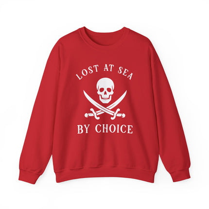 Red sweatshirt featuring "Lost At Sea By Choice" skull and crossed swords graphic.
