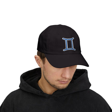 Gemini Zodiac Symbol Hat | Blue Embroidered Astrology Sign Baseball Cap