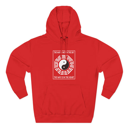 Red hoodie graphic featuring Yin Yang and Taoist wisdom: "The Way Is In The Heart.