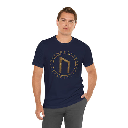 Navy Uruz rune and Elder Futhark Norse mythology t-shirt with gold Viking symbols.