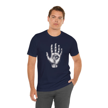 Eye in hand hamsa symbol graphic on a dark blue unisex t-shirt.