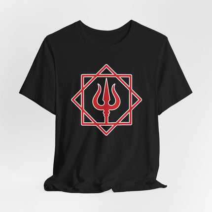 Black t-shirt featuring a red geometric trishula symbol of Lord Shiva.