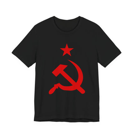 Red communist star, hammer, and sickle graphic on a black t-shirt.