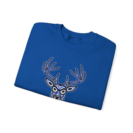 Red and black tribal art sweatshirt featuring an indigenous deer head graphic pullover.