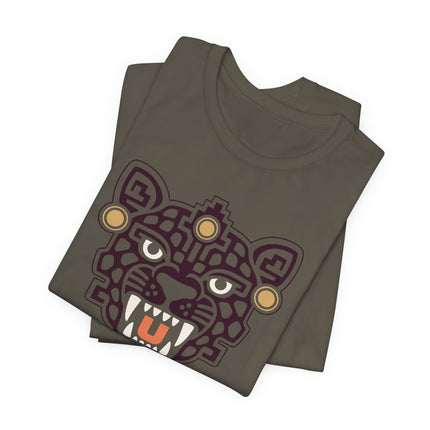 Aztec Jaguar Mask T-Shirt | Teal Feline Face and Gold Details Tee