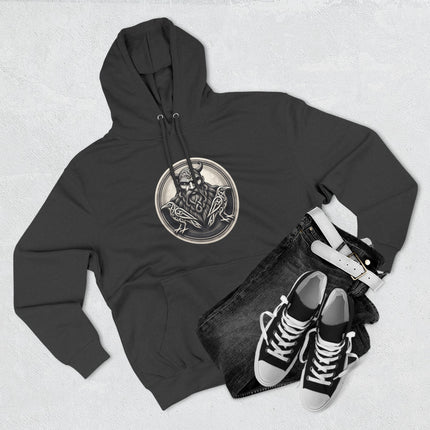 Odin Norse mythology raven emblem graphic on black pullover hoodie.