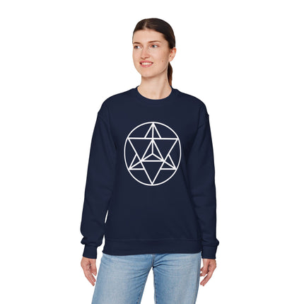 Merkaba sacred geometry symbol graphic on a dark blue unisex sweatshirt.