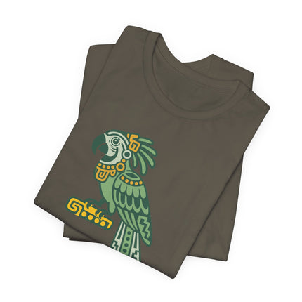 Mayan Parrot T-Shirt | Green and Gold Patterned Perched Bird Tee