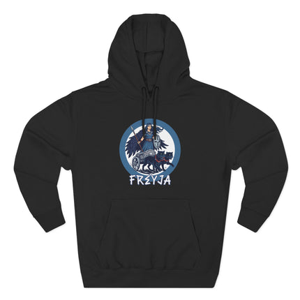 Freyja Norse goddess graphic on a black hoodie, featuring a cat and chariot motif.