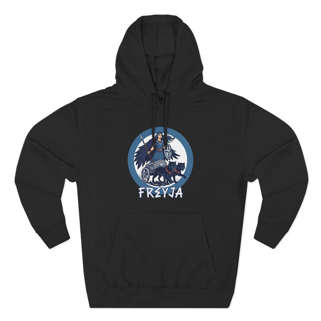 Freyja Norse goddess graphic on a black hoodie, featuring a cat and chariot motif.