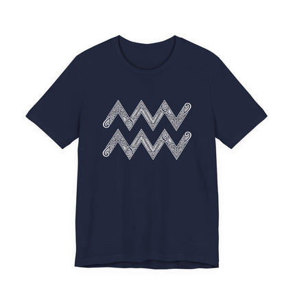 Aquarius zodiac symbol graphic tee featuring an intricate white tribal chevron pattern.