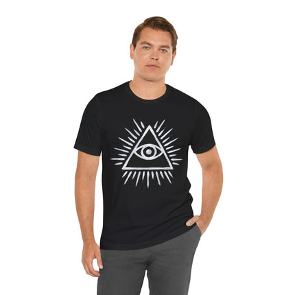 Black t-shirt featuring the Eye of Providence symbol in a geometric triangle design.