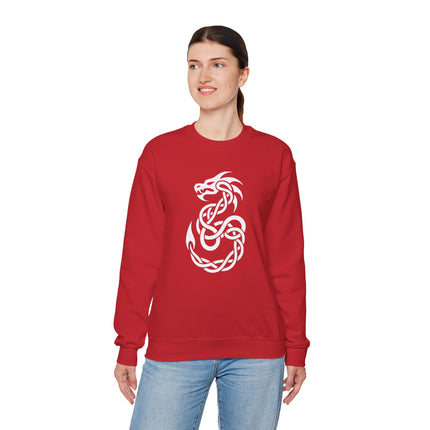 Celtic dragon knotwork graphic on a red pullover sweatshirt.