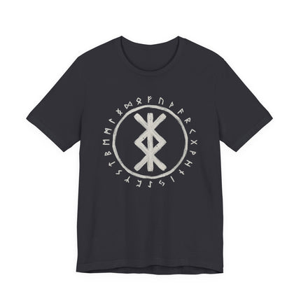 Norse Elder Futhark runes and protective bind rune graphic on a black t-shirt.