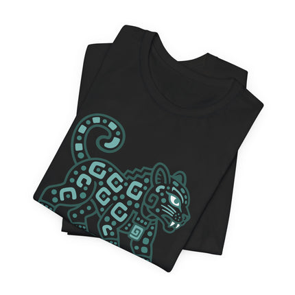 Mayan Jaguar T-Shirt | Teal Walking Cat with Geometric Markings Tee