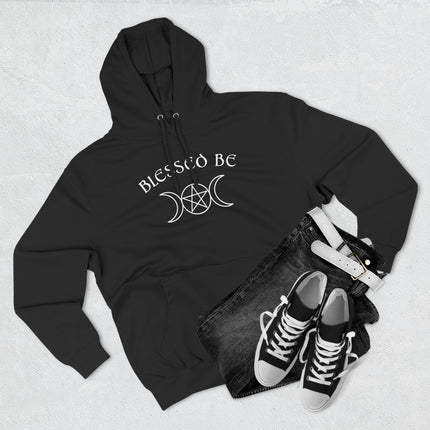 Black unisex hoodie with "Blessed Be" and a triple moon pentagram graphic.