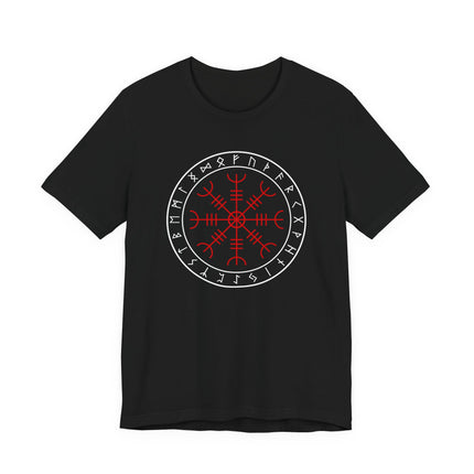 Norse runes and Aegishjalmur symbol on a black graphic t-shirt.