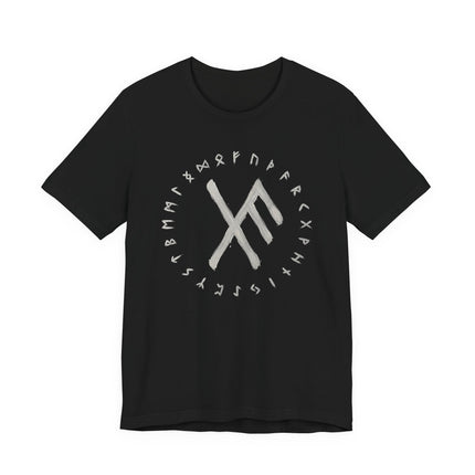Viking runic circle graphic tee featuring a central luckbind rune design on black fabric.