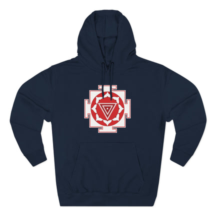 Kali Yantra sacred geometry symbol on a navy blue spiritual hoodie.