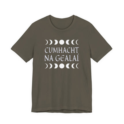 Cumhacht na Gealaí Irish lunar power t-shirt featuring celestial moon phases and the power of the moon.