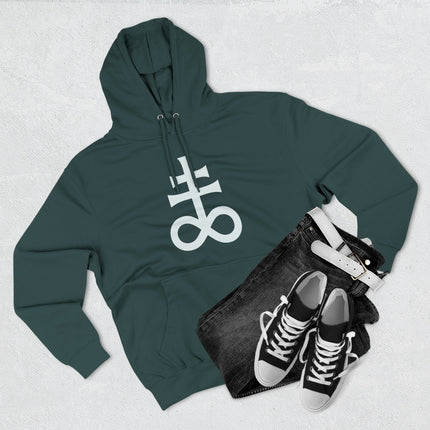 Teal pullover hoodie featuring a white alchemical sulfur symbol graphic for alternative streetwear.