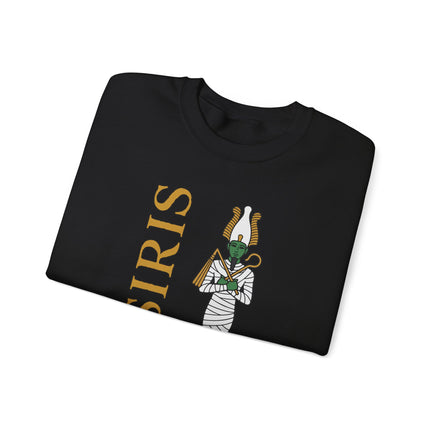 Osiris Egyptian god mummy print unisex pullover sweatshirt design featuring ancient mythology art.