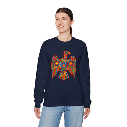 Colorful Huichol condor graphic on a dark blue sweatshirt, featuring vibrant Mexican indigenous folk art.