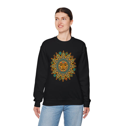 Mesoamerican sun god graphic on black sweatshirt, featuring vibrant Huichol indigenous art style.