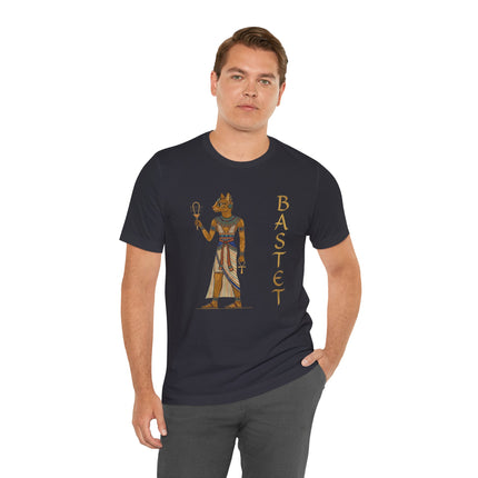 Bastet Egyptian goddess t-shirt featuring ancient symbols, Ankh, and sistrum.