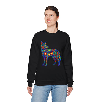 Vibrant Huichol coyote symbol sweatshirt featuring Mexican folk art and indigenous dot art design.
