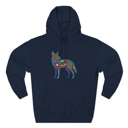 Huichol Coyote Hoodie | Colorful Indigenous Mexican Folk Art Pullover Hoodie