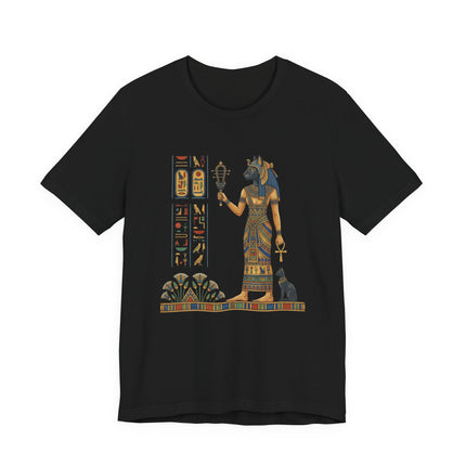Bastet Egyptian goddess graphic tee featuring ancient hieroglyphs and divine symbols.