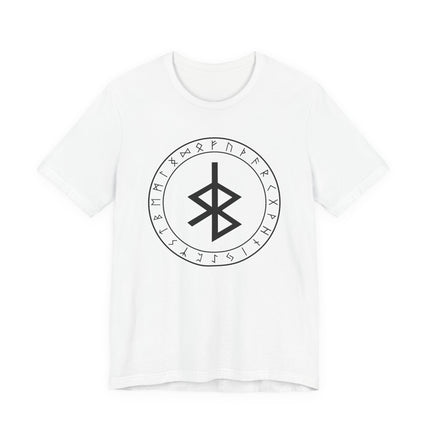 White t-shirt featuring the Norse Bind Rune and the full Elder Futhark rune circle graphic.