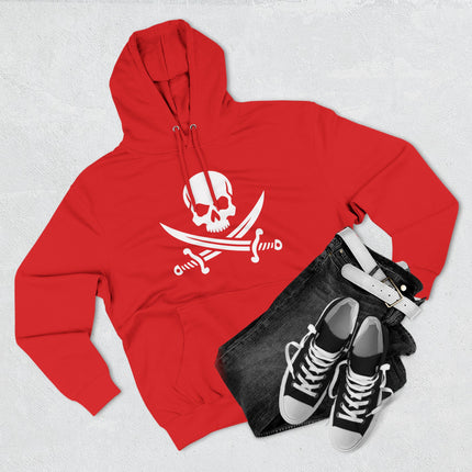 Pirate skull and crossed swords graphic on a red unisex hoodie.