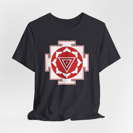 Red and white Kali Yantra mandala sacred geometry design on a black t-shirt.
