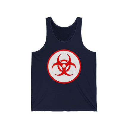 Dark blue tank top featuring a bold red biohazard warning symbol graphic.