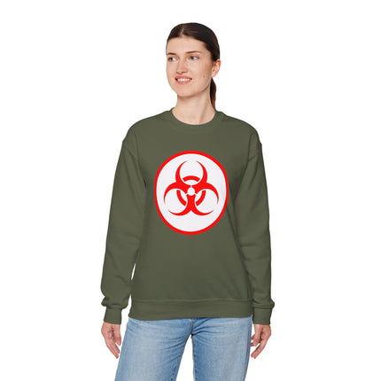 Unisex olive sweatshirt featuring a bold red biohazard warning symbol graphic.